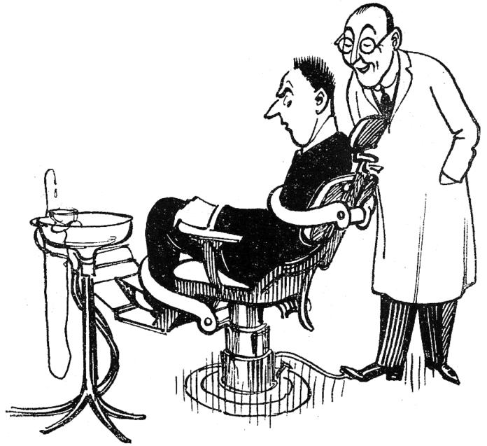 Paziente odontofobico seduto sulla poltrona del dentista in un disegno in bianco e nero
